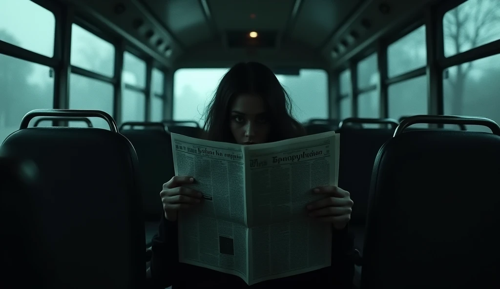 One woman in the front seat clutched a newspaper, her eyes glued to it. In spooky bus 