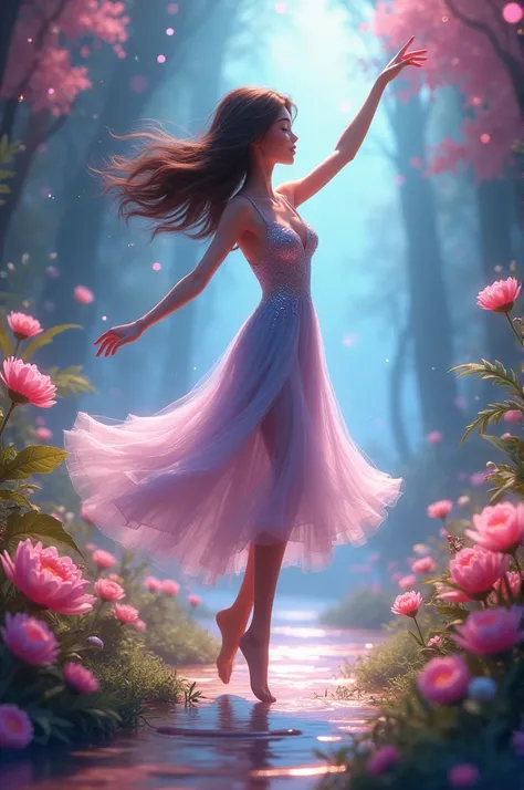 Ariana: A young dancer in a shiny dress that seems to flow like water. Her hair waves in the air as she spins.
The fantasy world: A landscape full of vibrant colors, with flowers that seem to dance to the rhythm of the music, Bright lights and magical crea...