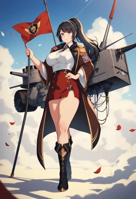 masterpiece, best quality,  beautiful thigh, beautiful skin, extremely delicate and beautiful, 1girl, simple background, EagleNavy, azur lane, battlecruiser, batl, rigging, turret, cannon, epicrigging, black hair, ponytail, blue eyes, long hair, large brea...