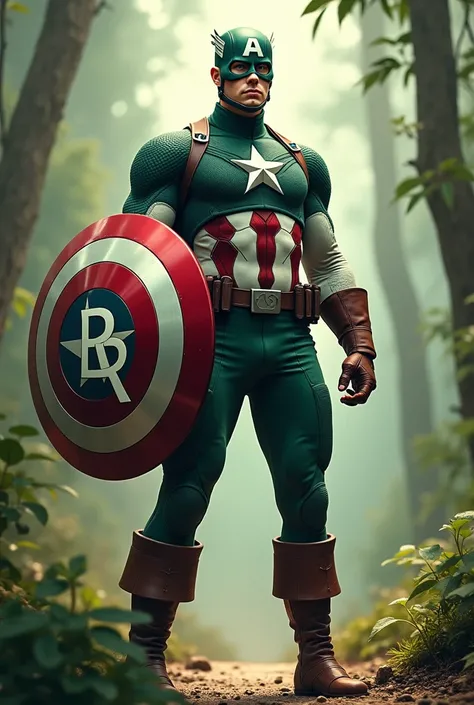 Captain America in a defensive position with a green and white suit and on his shield remove the star from the shield so that the initials 3R appear. in an ecological environment

