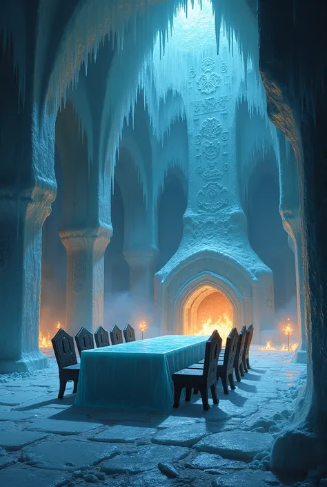 General Environment: Cold room, with sharp air; every breath turns to vapor, creating an atmosphere of tension.

Ice Walls: Pure, translucent ice, with ancient runes that glow subtly, evoking stories of sacrifice and mastery.

lighting: Flickering torches ...