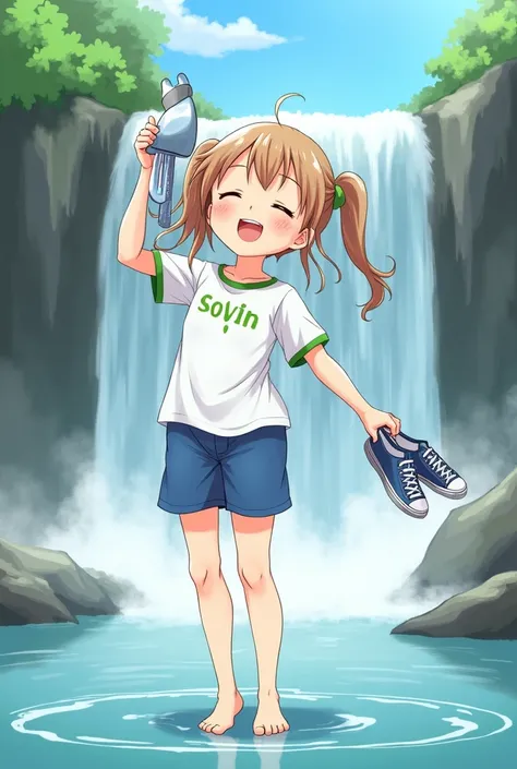 Anime girl, clear sky, light brown hair with twintails, grin, eyes clised, white t-shirt with green breast and blue sleeves, blue shorts, dripping wet white socks in her right hand pouring water in the stream, standing in front of a waterfall in stream, dr...