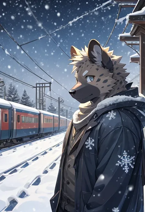 masterpiece, best quality, perfect anatomy, bright eyes, watery eyes, kemono, furry, hyena, (felis:0.25), male, solo,winter clothing, gentle, looking at the horizon, train station, snow, (snowflake:O.9), grey sky, snowing, snowy mountain, (foa:O.4), detail...