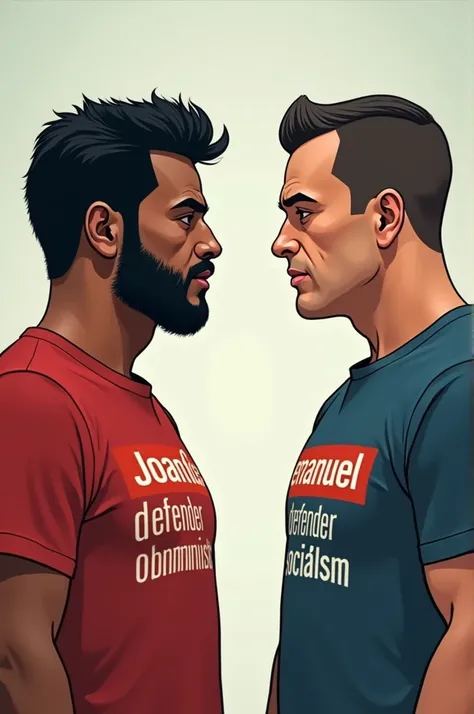 A beardless white man with straight black hair wearing a shirt with the words joao and defender of communism against a short-haired black man without a beard wearing a shirt with the words emanuel and defender of socialism