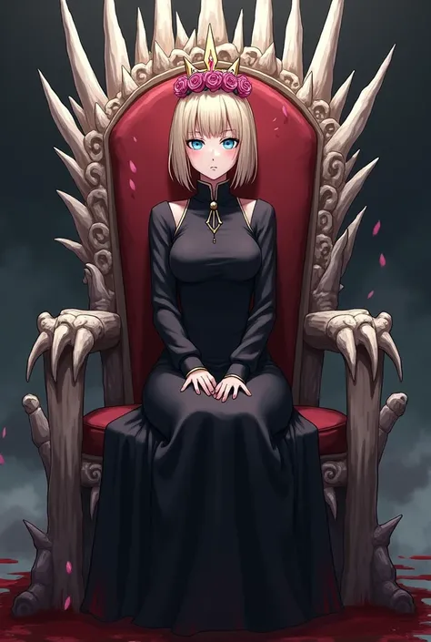 best quality: Bullish), (super high resolution: Bullish), anime girl (History of Jujutsu Kaisen) , very short blonde hair, light blue eyes, long black dress, wearing a crown with pink roses, sitting on a throne of blood axe bones, she has a disgusted expre...