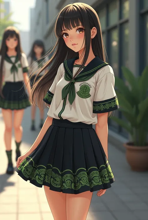 Aztec girls&#39; school uniform, Short black skirt with some green Aztec designs, white shirt with a ribbon around the sleeves and other Aztec costume items etc., Lovely uniform with some contemporary designs.
From high school 