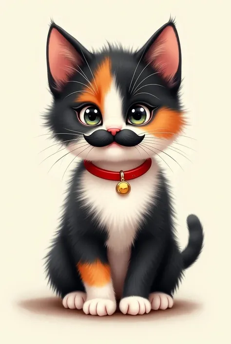 a black kitten with white and orange with a red collar standing up and would have a black mustache