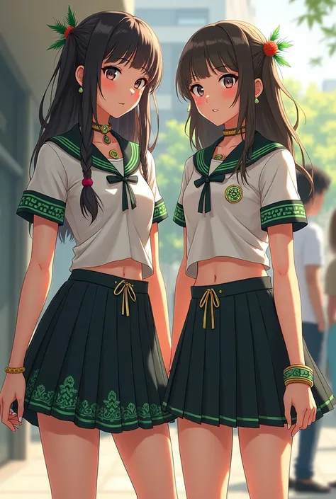 Aztec girls&#39; school uniform, Short black skirt with some green Aztec designs, white shirt with a ribbon around the sleeves and other Aztec costume items etc., Lovely uniform with some contemporary designs.
From high school 