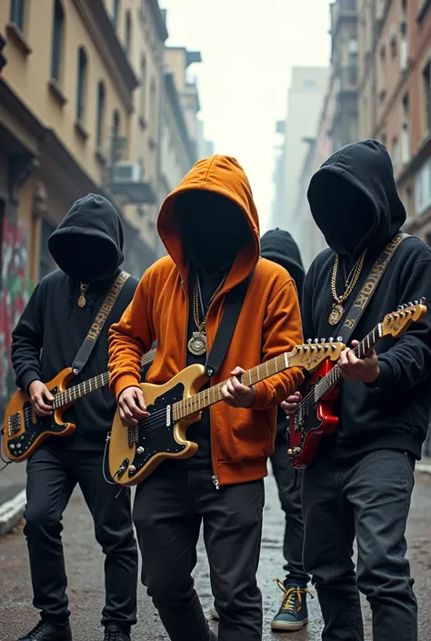 un groupe de rappeurs dans la rue avec des instruments de musique, capuche sur la tête, visage couvert