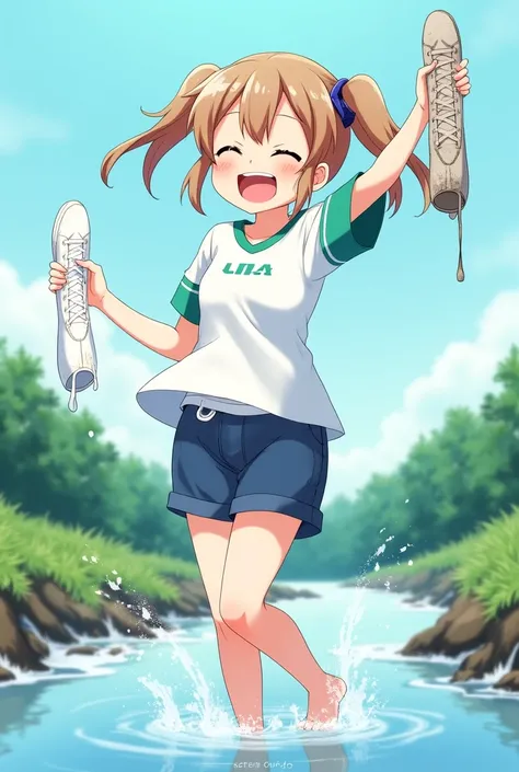 Anime girl, clear sky, light brown short hair with twintails, grin, eyes closed, white t-shirt with green breast and blue sleeves, blue shorts, dripping wet socks in her right hand pouring water in the stream, dripping and dirty blue flat sneakers in her l...