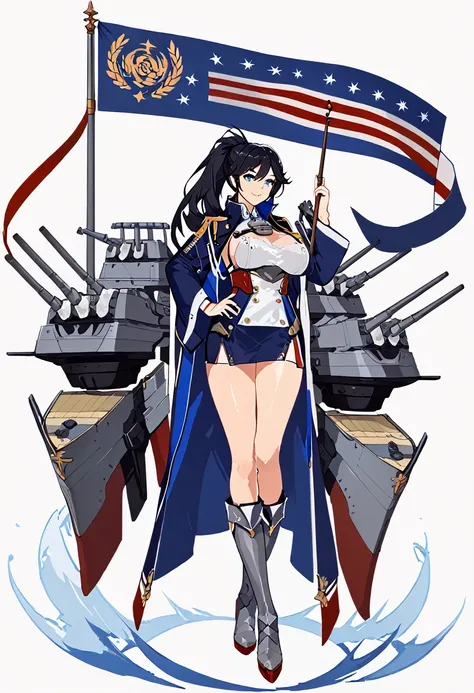 masterpiece, best quality,  beautiful thigh, beautiful skin, extremely delicate and beautiful, 1girl, simple background, EagleNavy, azur lane, battlecruiser, batl, rigging, turret, cannon, epicrigging, black hair, ponytail, blue eyes, long hair, curvy, hot...