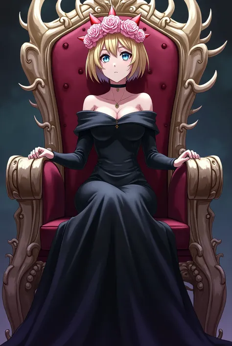 best quality: Bullish), (super high resolution: Bullish), anime girl (History of Jujutsu Kaisen) , very short blonde hair, light blue eyes, long black dress, wearing a crown with pink roses, sitting on a throne of blood axe bones, she has a disgusted expre...