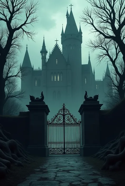 A gothic castle surrounded by dark  , with big gates  with verenmore board forests Verenmore opens to academic castle in front is steeped in shadows, deceit and death, a place where students have been disappearing every five years for over a century 