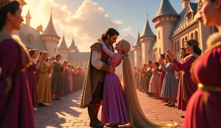 Characters: Rapunzel, Flynn Rider, King, Queen, Townspeople
Shot: Wide shot of the kingdom’s courtyard, bright and colorful.
Back in the kingdom, Rapunzel and Flynn stand in front of the royal family. The king and queen embrace Rapunzel, overjoyed to have ...