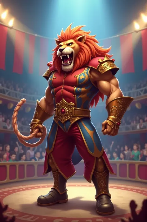 Dompteur de lion de cirqur sans lions avec une tête de lion, habillé  avec un fouet sans muscles de Brawl Stars 