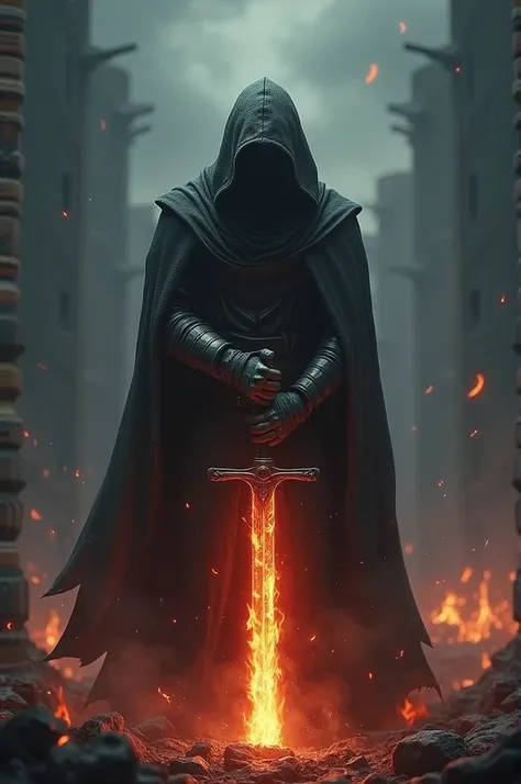 Hooded man with a flaming sword in a dark and gloomy environment with fire around him 