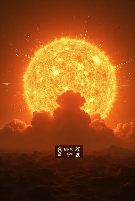 A Countdow starting  by 08 minutes and 20 seconds with the sun exploding into pieces on the back