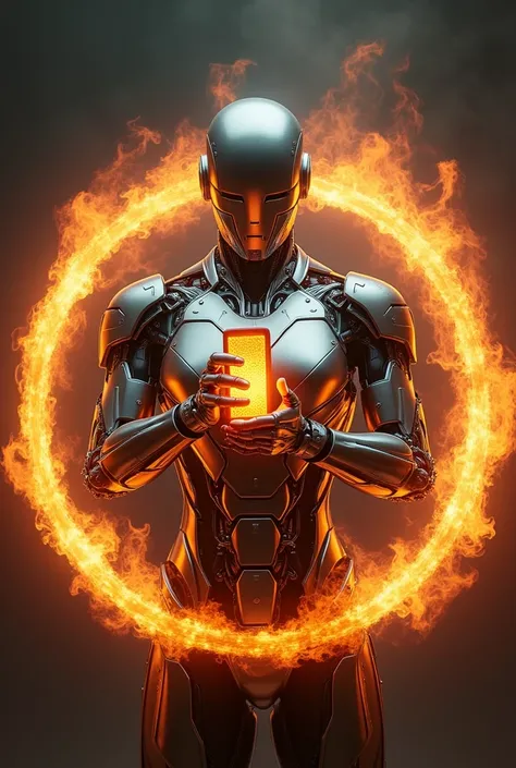 Upper body of a robot projecting a cell phone into its hand while surrounded by a circle of fire