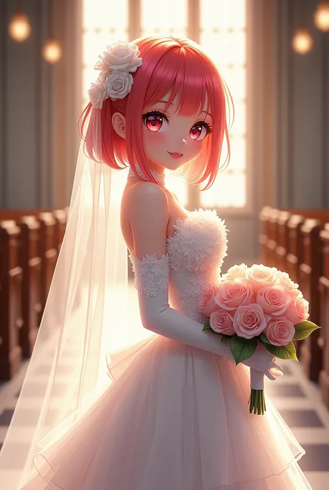 1girl, solo, teenager, medium length twintails, bright red hair, two white flowers in hair, smiling, blushing, red lipstick, pink eyeshadow, black mascara, long eyelashes, lace choker, strapless white wedding dress, bare shoulders, long frilly hem, (sheer ...