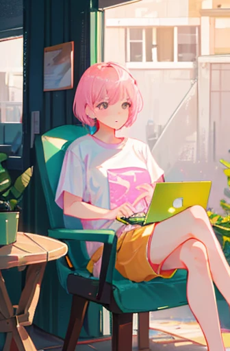 cute girl with short pink hair with bangs, wearing white tshirt and pink shorts, looking down, sitting, watching on the laptop on the table, in the room, realistic, 8k,