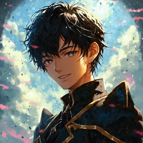 a male prince in his 20s with round pupils, short hair, wearing a black outfit, looking happily at the viewer, in an oil paintin...