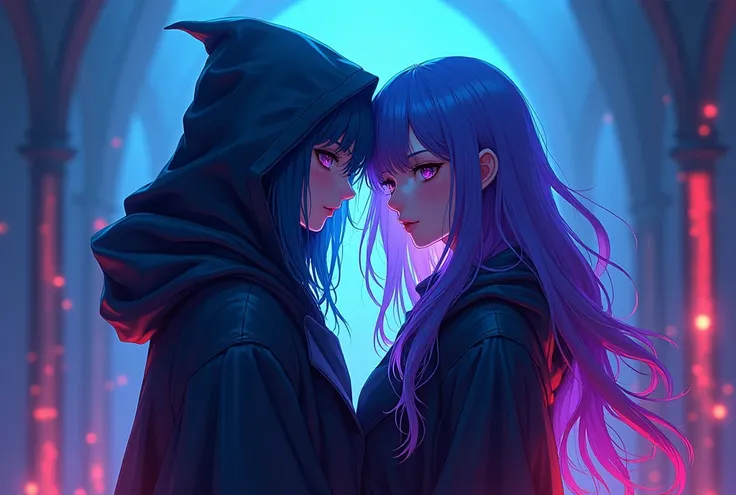 masterpiece, Rogue assassin couple,  wearing a hood, blue and purple lockshair, shrouded in shadows, vibrant glowing abyssal colors, entirely in frame, FULL BODY, radiating electrical energy, shoulder length messy blue and purple long hair, Full body, Beau...