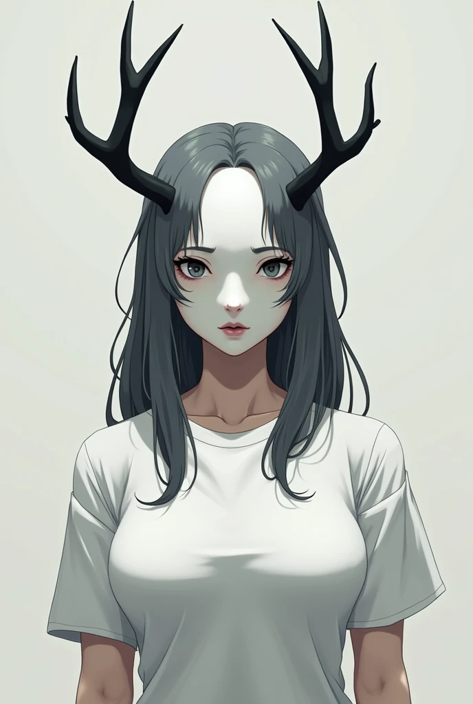 Tall anime girl with big boobs, in a white T-shirt, with bangs in the form of two long curls, she has dark grey hair, black thin antlers like a deer, and a white mask on the face, completely covering the face