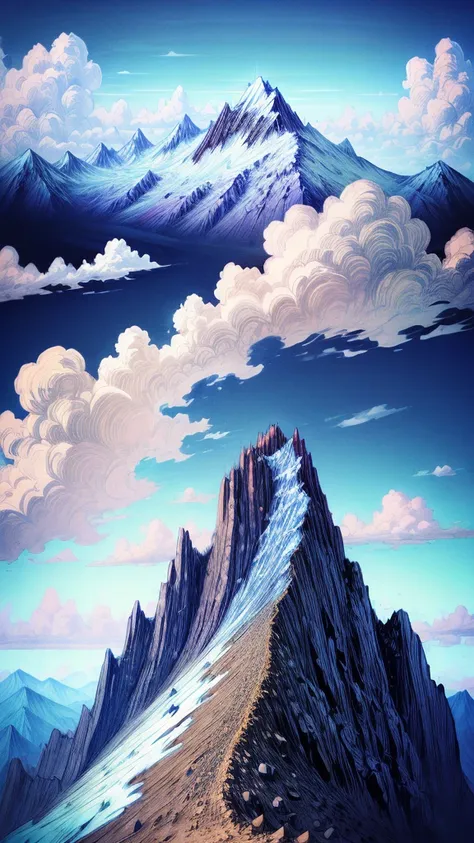  A mountain peak with breathtaking views, sky is a vivid blue.