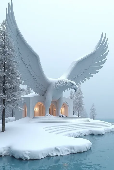 A grand villa situated in the heart of a winter forest, right by the edge of a calm, frozen sea. The entire house is pristine white, inspired by the majestic form of a white eagle, with two enormous wings on either side of the house, designed as though the...