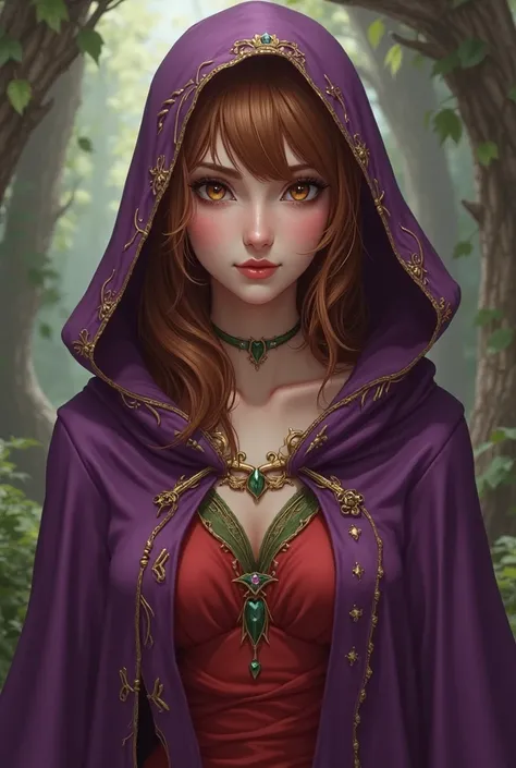 a female character in a fantasy style drawing with shoulder-length brown hair, with a purple cover with green details, with brown eyes, with a matte red outfit and gold details