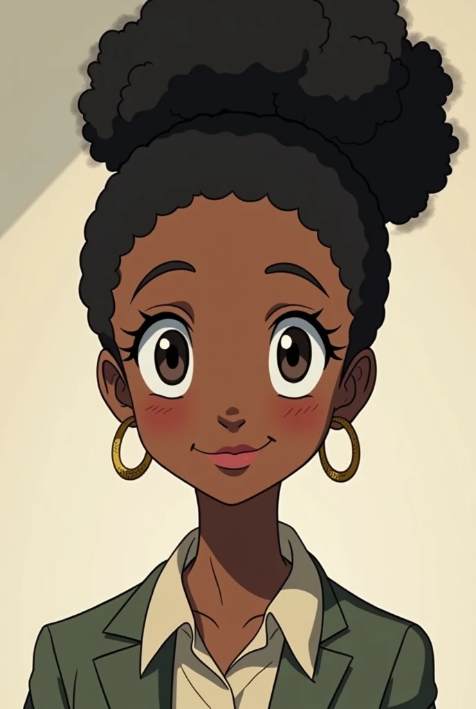 Black education teacher 50 years. with hair tied in an afro bun and eyes with dark circles in anime.
