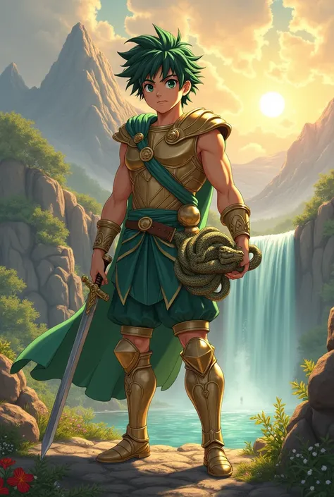 Izuku Midoriya, in the role of Perseus, He is a young, athletic and slightly muscular hero.. His body reflects the dedication and constant effort of a warrior in training.. Her hair is short and slightly messy., of a dark green hue that shines in the sunli...