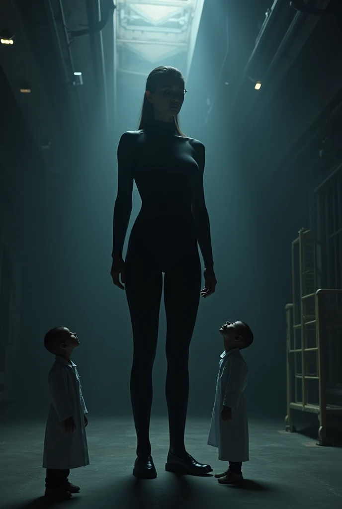 ((High definition, Masterpiece, 8k, Digital Photography, Digital Art, Giantess Art)), ((Natural illumination)), contrast, dark illumination, ((Two tiny scientists looking at a huge giant woman)), ((The giant woman is wearing a black bodysuit)), ((The tiny ...