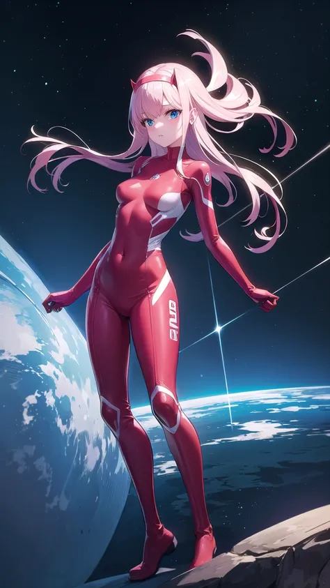 zerotwo, ((Full body photo, standing, feet on the ground))
zero two, (green eyes:1.5), hairband, horns, long hair, pink hair, red horns, white hairband,
BREAK bodysuit, covered navel, pilot suit, red bodysuit, science fiction,
BREAK outdoors, space, night,...