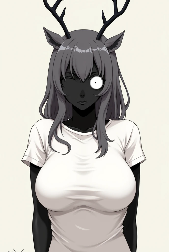 Tall anime girl with big boobs, in a white T-shirt, with bangs in the form of two long curls, she has dark grey hair, black thin antlers like a deer, She has a completely black face but the rest of her body skin is beige, and one white eye 