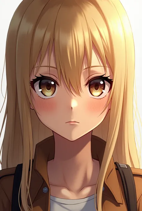 Blonde girl from the anime Attack on Titan with long straight hair, with a medium build body. Hazel eyes and rosy cheeks. 