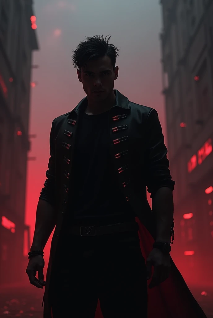 short hair man, wearing black clothes, in a dark horror setting with red lights in cyberpunk style. 