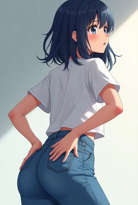 (photorealism:16.9), Anime girls ass in jeans, dark blue hair, farts