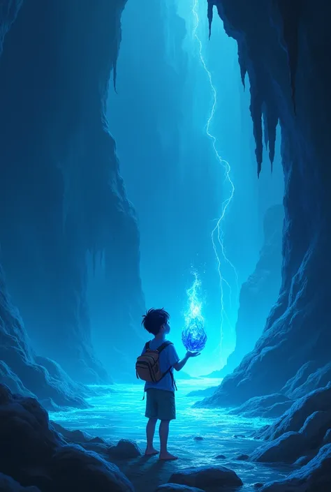 A young boy holding a flaming blue crystal as he looks into a large cave with glowing blue water