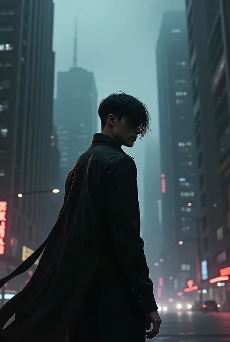 short hair man, wearing black clothes, in a dark cyberpunk horror setting. 