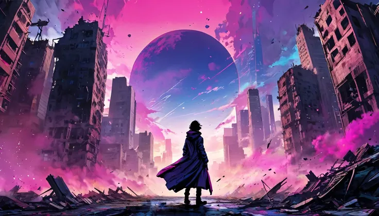 Digital artwork depicting a post-apocalyptic cityscape. The layout features a central figure standing amidst the ruins of a city, with tall, damaged skyscrapers on either side. The figure is silhouetted, wearing a long coat, and facing away from the viewer...