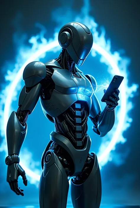 Upper body of a robot projecting a cell phone in its hand while surrounded by a circle of blue fire in the back

