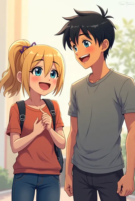 2 teenage friends, a girl with dark blonde hair and blue eyes slim, and a boy with short black hair, strong,with 10 cm more than the girl, smiling
