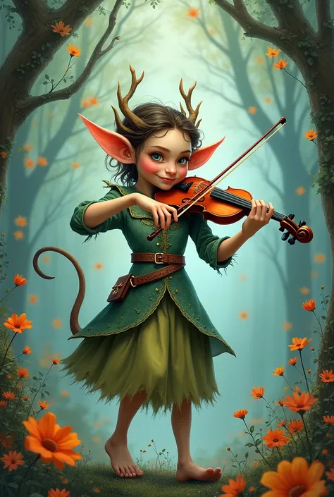 Un lutin très fantaisiste qui fait du violon avec un style de dessin fantaistique comme dans les livre de holy black sans longue oreilles 