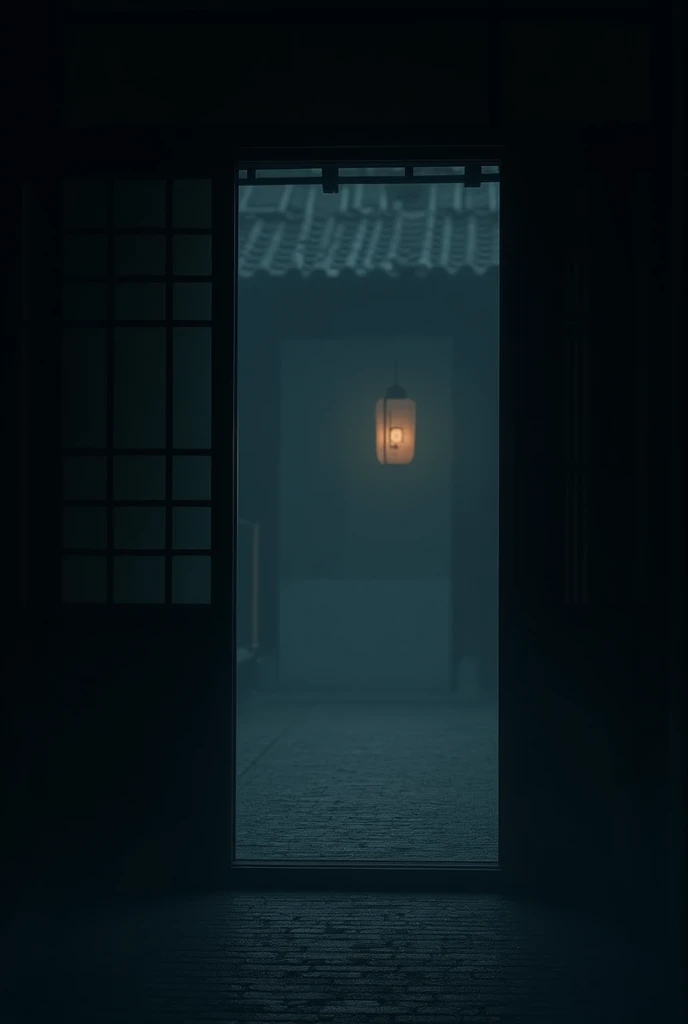 3. Prompt: No one in front of the entrance: "Japanese-style entrance at night。Beyond the open sliding door is a dark, deserted cobblestone road.、A thin darkness like mist hangs over the place.。The faint light of a lantern swaying in the distance、Quietly、Bu...