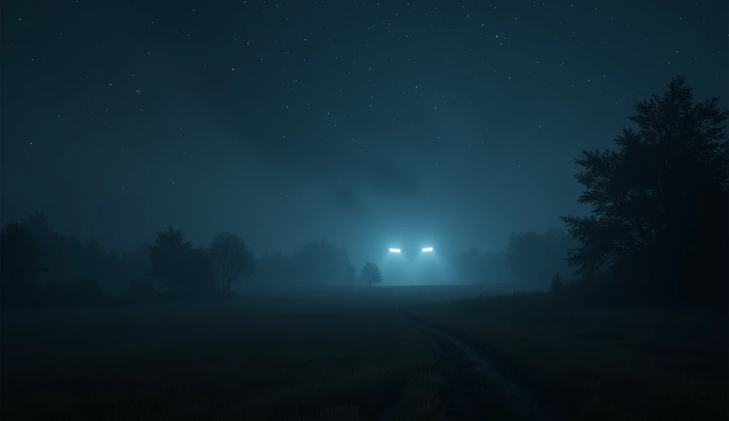 ((hyperrealistic night sky scene over a remote field)) where strange, faint lights hover in the distance, casting an eerie glow over the dark landscape. The coordinates from Marta’s encrypted diary point to this desolate spot on the outskirts of the town, ...