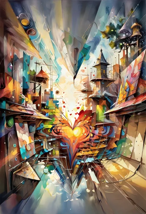 "Visualize a cubist interpretation of a heart, Floating through the sky above a lively and dynamic street. Break the shape down into geometric shapes and fragmented planes, To capture its movement and energy in a unique and abstract way. Integrate golden c...