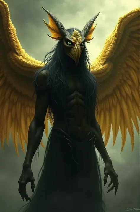 create the image of a harpy with golden wings, black hair and green eyes