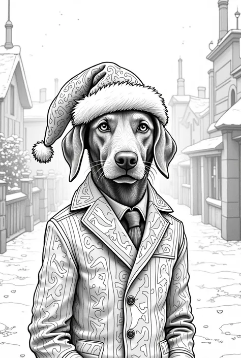 A beautiful vizsla as grinch at Christmas in Peaky Blinders style as a coloring picture in black and white