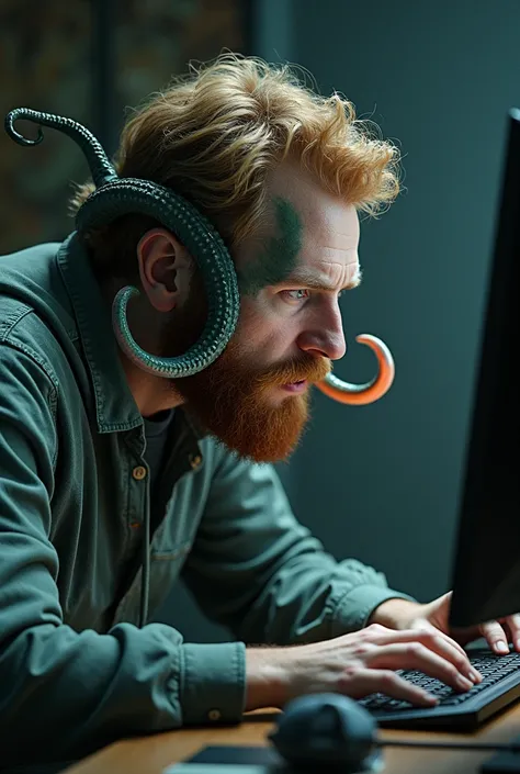 (photorealism:1.2), guy with full almost ginger beard, short wavy hair, that is clearly possesed by lovecraftnian entity, he is coding in his computer, and the tentacles emerges from his face like a horror picture.